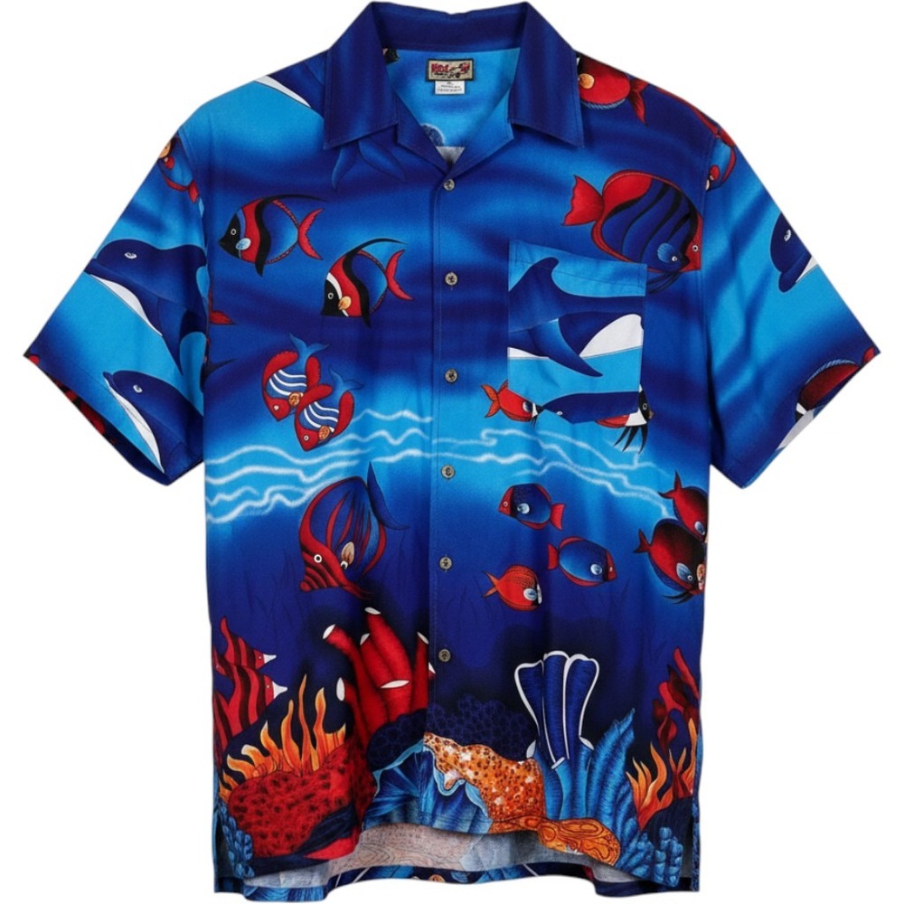 Cromer Resortwear Button Down Shirt Mens L Blue Tropical Fish Dolphin Hawaiian
